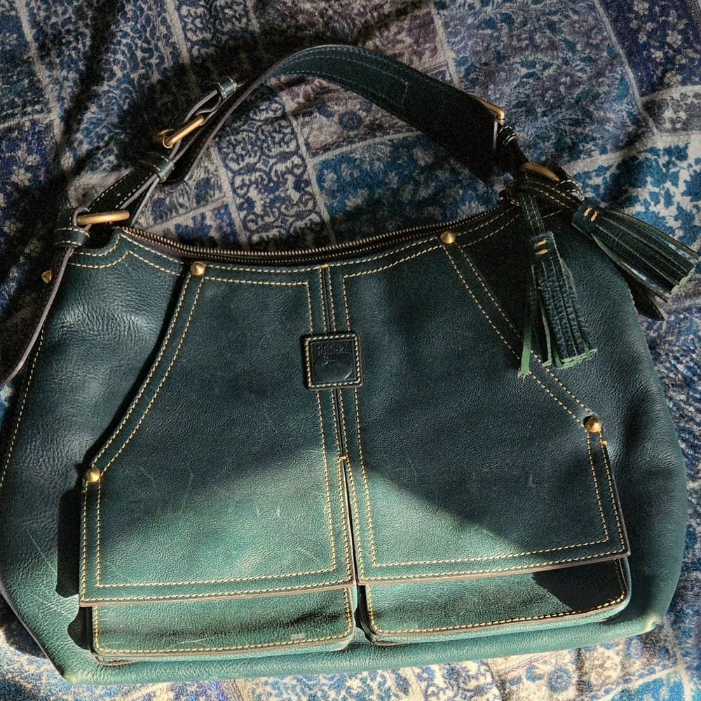 Forest Green Leather Shoulder Bag with Gold Hardware